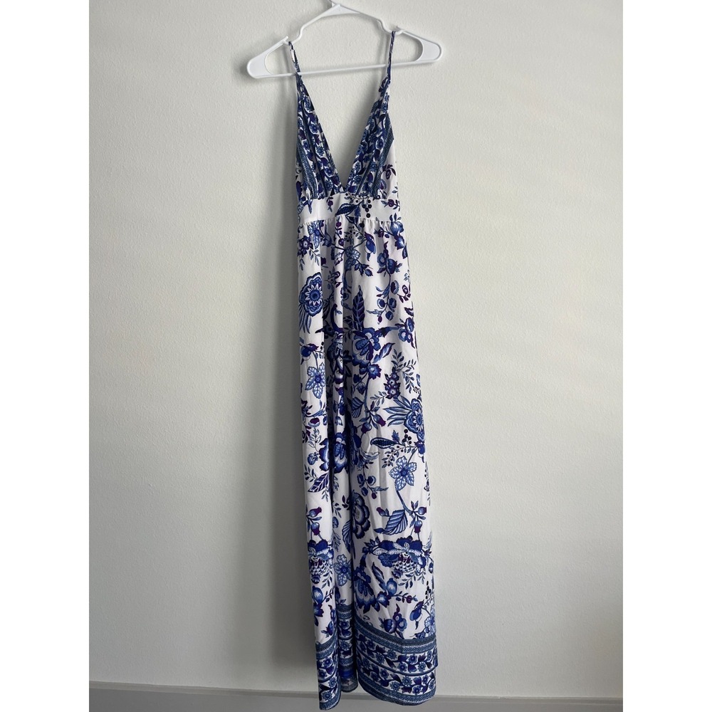 Shein Breezaya Camisole Dress Womens Large White Blue Floral Print Deep V Neck‎